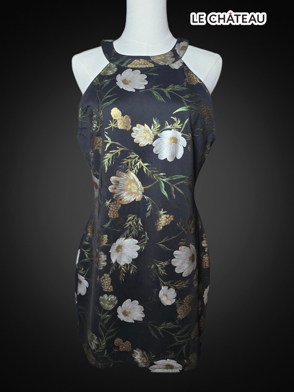 LE CHATEAU Black Floral Halter Mini Dress with Gold Accents - Medium